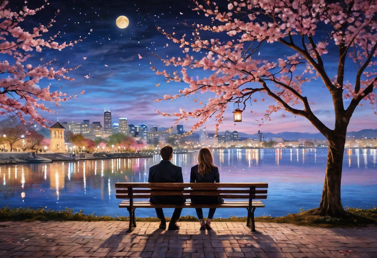 A romantic scene depicting two people sitting on a bench under a cherry blossom tree, sharing a heartfelt moment, surrounded by floating hearts and warm, glowing lanterns. In the background, a whimsical cityscape adorned with love locks and soft pastel colors evokes a feeling of enchantment. Include subtle symbols of compatibility, such as puzzle pieces and intertwined rings. vibrant colors. dreamy atmosphere. intricate details.