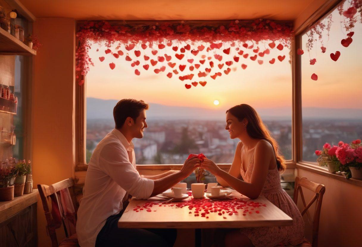 An enchanting scene featuring a diverse couple engaged in a playful, passionate flirtation at a cozy cafe, surrounded by heart-shaped decorations and soft warm lighting. Include subtle symbols of love like rose petals and intertwined hands to evoke a sense of connection and affection. The background should have a romantic sunset sky, creating an atmosphere of warmth and intimacy. vibrant colors. painting.